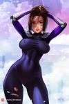  1girl bodysuit breasts brown_eyes brown_hair closed_mouth covered_nipples cyberpunk cyborg facial_mark gally gloves gunnm highres looking_at_viewer olga_narhova short_hair smile solo 