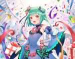  1girl armpits bug butterfly candy commentary_request confetti detached_sleeves double_bun fang flower food gift green_hair hair_flower hair_ornament hololive insect looking_at_viewer open_mouth red_eyes sleeveless solo uruha_rushia virtual_youtuber yasuyuki 