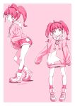  1girl :o ahoge ass bangs blunt_bangs blush_stickers closed_mouth from_side hair_bobbles hair_ornament hairband highres hood hoodie hoodie_lift hoshina_hikaru jewelry kazuma_muramasa long_hair long_sleeves monochrome multiple_views open_mouth pendant pink_background precure shoes short_shorts shorts signature sleeves_past_fingers sleeves_past_wrists smile socks star star_hair_ornament star_print star_twinkle_precure turnaround twintails 