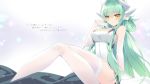  1girl blush breasts china_dress chinese_clothes dragon_girl dress elbow_gloves eyebrows_visible_through_hair fate/grand_order fate_(series) gloves green_hair hair_between_eyes highres horns kiyohime_(fate/grand_order) large_breasts long_hair looking_at_viewer rx7649 sitting smile solo thighhighs very_long_hair white_dress white_gloves white_legwear yellow_eyes zettai_ryouiki 