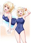  1girl :d ;d bangs blonde_hair blue_swimsuit braid breasts collarbone commentary_request hair_down hair_ornament halftone halftone_background highres looking_at_viewer love_live! love_live!_school_idol_festival_all_stars medium_breasts miyashita_ai multiple_views one-piece_swimsuit one_eye_closed open_mouth orange_eyes orange_scrunchie outline ponytail school_swimsuit scrunchie short_hair sidelocks smile swimsuit w wet white_outline wrist_scrunchie x_hair_ornament yopparai_oni 