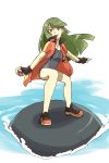  1girl ace_trainer_(pokemon) bangs black_gloves breasts creature full_body gloves green_hair highres holding holding_poke_ball legs_apart long_hair looking_at_viewer mizuto_(o96ap) ocean one-piece_swimsuit poke_ball poke_ball_(generic) pokemon pokemon_(creature) pokemon_(game) pokemon_oras small_breasts standing surf_sprite_(pokemon) swimsuit water 
