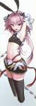  1boy animal_ears armpits arms_up astolfo_(fate) bare_shoulders black_bow black_legwear black_skirt blush bow bunny_ears covered_nipples fang fate/grand_order fate_(series) gradient gradient_background hair_bow highres holding holding_sword holding_weapon long_hair navel nekoemonn open_mouth pink_eyes pink_hair skirt smile solo sword thighhighs weapon whip_sword 