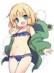  1girl animal_hood ass_visible_through_thighs baku-p bikini blonde_hair blue_bikini blue_eyes breasts cleavage commentary_request frog_hood green_jacket groin hood jacket lowleg lowleg_bikini moriya_suwako navel off_shoulder open_clothes open_jacket open_mouth outstretched_arms short_hair small_breasts smile solo swimsuit thigh_gap touhou underboob 