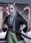  2020 5_fingers anthro black_sclera canid canine clothed clothing detailed_background digital_media_(artwork) fingers fox green_eyes hi_res holding_object holding_sword holding_weapon male mammal melee_weapon solo sword vagabondbastard weapon 