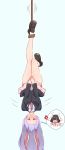  2girls :d absurdres anger_vein angry animal_ears bare_legs black_footwear black_hair black_jacket blazer blush breasts bunny_ears bunny_girl carrot_necklace collared_shirt crescent crescent_moon_pin dress embarrassed forneus_0 full_body hanging highres inaba_tewi jacket lavender_hair leg_up long_hair looking_at_viewer medium_breasts miniskirt multiple_girls necktie open_mouth panties pink_dress pink_panties pink_skirt pleated_skirt pointing pointing_at_viewer purple_hair red_eyes red_neckwear reisen_udongein_inaba restrained shirt shoes side-tie_panties skirt skirt_tug smile spoken_anger_vein spoken_character thighs touhou trapped underwear upside-down very_long_hair white_legwear white_shirt 