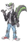 2020 3_fingers absurd_res anthro biped chain claws clothed clothing ear_piercing facial_hair fangs fingers footwear front_view fur green_body green_fur grin hair hi_res jacket krolik leather leather_jacket looking_at_viewer male mammal mephitid multicolored_body multicolored_fur pawpads piercing portrait pose sharp_teeth shoes signature skunk smile solo solo_focus standing striped_body striped_fur stripes teeth topwear torn_clothing traditional_media_(artwork) two_tone_body two_tone_fur 