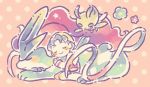  1girl bangs celebi creature crystal_(pokemon) flying gen_2_pokemon legendary_pokemon long_sleeves maru_(umc_a) pokemon pokemon_(creature) pokemon_(game) pokemon_gsc polka_dot polka_dot_background shorts smile suicune twintails 