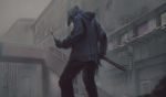  1boy blue_hoodie building gloves graffiti helmet highres holding holding_sickle holding_weapon hood hood_down hoodie male_focus original outdoors panko_(drive_co) sickle solo stairs standing weapon 