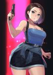  1girl black_skirt blue_eyes breasts brown_hair cleavage clothes_around_waist gun handgun highres holding holding_gun holding_weapon jill_valentine kagematsuri large_breasts looking_at_viewer resident_evil resident_evil_3 short_hair skirt solo sweater_around_waist weapon 