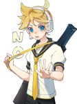  1boy bass_clef black_collar black_shorts blonde_hair blue_eyes carrying_over_shoulder collar headphones headset highres holding_strap instrument_case kagamine_len light_blush looking_at_viewer motu0505 necktie no open_mouth outstretched_hand sailor_collar school_uniform shirt short_ponytail short_sleeves shorts solo spiked_hair sweat upper_body v-shaped_eyebrows vocaloid white_background white_shirt yellow_neckwear 