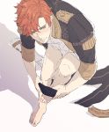  1boy barefoot black_pants blush closed_mouth djuraaah fire_emblem fire_emblem:_three_houses garreg_mach_monastery_uniform highres male_focus male_underwear orange_hair pants penis_peek shadow simple_background solo sylvain_jose_gautier underwear undressing white_background yellow_eyes 