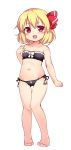  1girl :d ass_visible_through_thighs baku-p bandeau bangs bare_arms bare_shoulders barefoot bikini black_bikini blonde_hair blush breasts collarbone commentary_request eyebrows_visible_through_hair fang full_body groin hair_between_eyes hair_ribbon hand_on_own_chest hand_up highres legs navel open_mouth red_eyes red_ribbon ribbon rumia short_hair side-tie_bikini simple_background small_breasts smile solo standing stomach strapless strapless_bikini swimsuit thigh_gap thighs touhou tubetop white_background 
