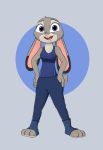  2019 anthro breasts buckteeth cheek_tuft clothed clothing dipstick_ears disney ears_down facial_tuft female fully_clothed fur grey_background grey_body grey_fur hands_on_hips head_tuft hi_res judy_hopps lagomorph leporid looking_at_viewer mammal mew-me multicolored_ears open_mouth open_smile pink_nose pivoted_ears purple_eyes rabbit simple_background smile solo standing teeth toeless_legwear tuft zootopia 