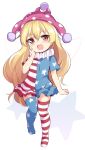  1girl american_flag_dress american_flag_legwear baku-p blonde_hair clownpiece commentary_request dress fairy_wings full_body hand_on_own_face hat jester_cap long_hair neck_ruff open_mouth pink_headwear red_eyes short_dress smile solo thigh_gap touhou very_long_hair wings 