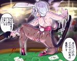  1girl absurdres animal_ears ass back bare_shoulders blood blood_on_face bloody_clothes breasts bunny_ears bunny_tail bunnysuit card casino_card_table commentary_request dual_wielding fake_animal_ears gun high_heels highres holding holding_gun holding_weapon kneeling long_hair looking_at_viewer minami_aomori original pink_footwear playing_card purple_eyes silver_hair solo_focus spread_legs tail weapon wrist_cuffs 