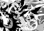  azelf battle closed_eyes creature cresselia darkrai dialga fangs floating gen_4_pokemon giratina greyscale highres holding holding_pokemon legendary_pokemon mesprit monochrome motion_lines no_humans palkia pokemon pokemon_(creature) pokemon_special regigigas scan shaymin spoilers uxie yamamoto_satoshi 