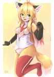  ahoge alternate_species blonde_hair breasts canid canine featureless_breasts female fox fur furrification green_eyes hair hair_beads hi_res inner_ear_fluff kemono long_hair mammal necktie open_mouth shiitakemeshi shirt_collar solo tsurumaki_maki tuft voiceroid whiskers yellow_body yellow_fur 