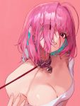  1girl bangs bare_shoulders bdsm belt_collar blue_hair blush breasts cleavage collar eyebrows_visible_through_hair eyes_visible_through_hair heart_pendant highres idolmaster idolmaster_cinderella_girls leash lips mossi multicolored_hair off-shoulder_shirt off_shoulder pink_background pink_collar pink_hair red_eyes shirt short_hair simple_background solo two-tone_hair upper_body white_shirt yumemi_riamu 