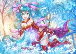  1girl 2019 :d aqua_eyes bangs blue_hair blurry blurry_background blush boots breasts cleavage crazypen detached_sleeves english_text engrish_text eyebrows_visible_through_hair floating_hair fur-trimmed_skirt fur_boots hair_between_eyes hatsune_miku long_hair long_sleeves looking_at_viewer medium_breasts merry_christmas miniskirt open_mouth outdoors ranguage red_footwear red_skirt red_sleeves shiny shiny_hair skirt smile snowflakes solo strapless thigh_boots thighhighs tree very_long_hair vocaloid zettai_ryouiki 