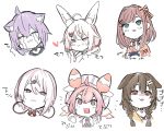  6+girls :3 ahoge animal_ear_fluff animal_ears bangs black_shirt blue_eyes bone_hair_ornament bow bowtie braid brown_hair brown_jacket bunny_ears cartoon_bone cat_ears closed_eyes closed_mouth collared_dress commentary_request controller cropped_shoulders cropped_torso crying dog_ears dress game_controller hair_between_eyes hair_bow hair_intakes hair_ornament hair_ribbon hairclip half-closed_eyes hat heart heart_hair_ornament highres holding hololive inugami_korone jacket long_hair low_twintails multiple_girls nekomata_okayu nijisanji open_mouth pink_hair purple_eyes purple_hair red_bow red_eyes red_neckwear red_ribbon ribbon shiina_yuika shirt simple_background streaming_tears striped striped_bow suzuhara_lulu tears tomari_mari translation_request twin_braids twintails uno_ryoku ushimi_ichigo virtual_youtuber white_background white_dress x_hair_ornament 