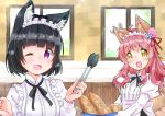  2girls animal_ears apron black_hair blush bow fang food headdress long_hair maid original pink_hair purple_eyes ribbons short_hair waitress wink wolfgirl yellow_eyes yokoshima_(euphoria) 