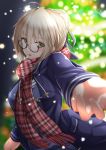  1girl artoria_pendragon_(all) blue_jacket blue_sweater blurry blurry_background blush christmas_tree eyebrows_visible_through_hair fate/grand_order fate_(series) glasses hair_between_eyes highres jacket long_sleeves looking_at_viewer looking_over_eyewear mysterious_heroine_x_(alter) night open_clothes open_jacket open_mouth outdoors plaid plaid_scarf reaching red_scarf scarf semi-rimless_eyewear silver_hair snowing solo sweater tiri_man under-rim_eyewear upper_body yellow_eyes 