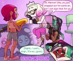  2020 anal animal_humanoid anus blush bodily_fluids cephalopod cephalopod_humanoid clothed clothing comic dark_skin dialogue digital_media_(artwork) duo english_text female female/female humanoid inkling invalid_tag marina_(splatoon) marine marine_humanoid mollusk mollusk_humanoid nintendo octarian octoling open_mouth oral pearl_(splatoon) perpleon pseudo_hair public rimming sex splatoon stealth_sex tentacle_hair tentacles text tongue tongue_out video_games 