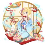  1girl alice_schuberg bangs blonde_hair blue_eyes blue_kimono cup daruma_doll floating_hair floral_print flower full_body gradient_kimono hair_flower hair_intakes hair_ornament hairband highres holding japanese_clothes kimono kneeling long_sleeves looking_at_viewer official_art parted_lips pink_flower pink_hairband print_kimono sakazuki short_hair_with_long_locks sidelocks solo sword_art_online tabi transparent_background white_legwear wide_sleeves yukata 