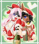  2019 anthro bell blue_eyes bottle breasts canid canine christmas clothed clothing collar duo equid equine female hair hat headgear headwear hi_res holding_bottle holding_breast holding_object holidays looking_at_viewer lovehinba mammal object_between_breasts one_eye_closed open_mouth pink_hair pink_tongue red_clothing santa_hat tongue 