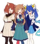 3girls :d ^_^ amamiya_kokoro animal_ears bangs bell blue_bow blue_hair blue_jacket blue_legwear blue_ribbon blue_shirt blue_skirt blush bow brown_dress brown_eyes brown_hair brown_legwear closed_eyes commentary_request deer_ears dress eli_conifer eyebrows_visible_through_hair fang flower girl_sandwich gradient_hair hair_bell hair_ornament hair_ribbon hairclip holding_hands interlocked_fingers jacket jingle_bell long_hair long_sleeves mismatched_legwear multicolored_hair multiple_girls nijisanji open_clothes open_jacket open_mouth pantyhose pleated_dress pleated_skirt puffy_long_sleeves puffy_short_sleeves puffy_sleeves ratna_petit red_legwear red_panda_ears red_ribbon ribbon sandwiched shirt short_over_long_sleeves short_sleeves simple_background skirt sleeves_past_wrists smile striped thighhighs twintails vertical-striped_skirt vertical_stripes very_long_hair virtual_youtuber white_background white_flower white_legwear white_neckwear white_ribbon white_shirt x_hair_ornament yamabukiiro yellow_ribbon 