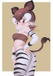  1girl animal_ears animal_print ass back bare_shoulders bow bowtie breasts brown_eyes brown_hair closed_mouth covered_nipples detached_sleeves extra_ears from_side grey_hair hair_between_eyes hand_on_hip highres kemono_friends masuyama_ryou medium_hair multicolored_hair okapi_(kemono_friends) okapi_ears okapi_tail pantyhose print_legwear print_sleeves seductive_smile small_breasts smile solo stomach strapless striped striped_legwear striped_sleeves tail tubetop twisted_torso v-shaped_eyebrows 