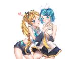  2girls aqua_eyes aqua_hair blonde_hair fang hatsune_miku heart hhgy0925 kagamine_rin long_hair school_uniform short_hair shorts signed skirt tie twintails vocaloid white 