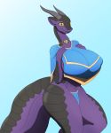  absurd_res anthro big_breasts breasts choker clothed clothing dragon female firepawdacat_(artist) hi_res horn jewelry loincloth necklace non-mammal_breasts scales scalie smile solo 