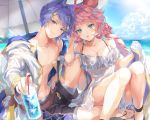  1boy 1girl ahoge animal_ears bangs beach bikini blue_eyes braid cup drinking_glass drinking_straw erune esser flower granblue_fantasy hair_flower hair_ornament highres jacket looking_at_viewer ocean ooluoul pink_hair purple_hair quatre_(granblue_fantasy) sand sandals sitting swimsuit 