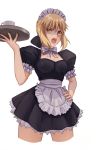  1girl apron artoria_pendragon_(all) black_shirt black_skirt blonde_hair braid braided_bun breasts cleavage cowboy_shot cropped_legs fate/stay_night fate_(series) frilled_apron frills hand_on_hip highres holding holding_plate looking_at_viewer maid maid_headdress medium_breasts miniskirt plate pleated_skirt saber_alter saber_ruri shiny shiny_hair shirt short_hair short_sleeves sidelocks simple_background skirt solo standing waist_apron white_apron white_background white_neckwear 