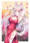  1girl animal_ears arm_up armpits azur_lane bare_shoulders breasts china_dress chinese_clothes cleavage cocoasabure cowboy_shot dog_ears dog_girl dog_tail dress elbow_gloves gloves gold_trim hand_on_hip highres large_breasts long_hair looking_at_viewer panties pelvic_curtain pink_eyes red_dress silver_hair sleeveless sleeveless_dress smile solo tail thick_eyebrows thighhighs thighs underwear white_gloves white_legwear white_panties yuudachi_(azur_lane) 