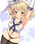  1girl armpits arms_up bangs black_legwear black_neckwear black_panties blonde_hair blue_eyes blush braid breasts capelet colorado_(kantai_collection) commentary_request cosplay cowboy_shot crop_top crying crying_with_eyes_open elbow_gloves eyebrows_visible_through_hair french_braid gloves hair_ribbon hairband highres kantai_collection large_breasts looking_at_viewer navel neckerchief necktie nijimoto_hirok open_mouth panties pantyhose pantyhose_pull ribbon sailor_collar school_uniform serafuku shimakaze_(kantai_collection) shimakaze_(kantai_collection)_(cosplay) short_hair sidelocks skindentation solo star sweat tears underwear white_gloves white_ribbon 