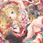  1girl blonde_hair bottle cagliostro_(granblue_fantasy) dress flower frilled_dress frills granblue_fantasy headband highres lipstick long_hair lying makeup off-shoulder_dress off_shoulder on_back ooluoul petals purple_eyes red_flower solo tongue tongue_out 