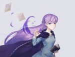  1girl absurdly_long_hair belly_chain blue_background blue_dress book cloak collarbone dress fire_emblem fire_emblem:_the_binding_blade highres holding holding_book jewelry long_hair long_sleeves looking_away looking_to_the_side magic mesz410 paper purple_cloak solo sophia_(fire_emblem) very_long_hair 