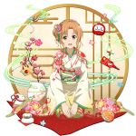  1girl :d asuna_(sao) bangs blush braid brown_eyes brown_hair crown_braid floral_print flower full_body gradient_kimono hair_between_eyes hair_flower hair_ornament highres japanese_clothes kimono kneeling long_sleeves looking_at_viewer official_art one_side_up open_mouth pink_flower print_kimono short_hair_with_long_locks sidelocks smile solo sword_art_online transparent_background wide_sleeves 