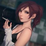  1girl aozaki_touko bare_shoulders between_fingers black_bra blurry blurry_background bra breasts cigarette cleavage collarbone depth_of_field dutch_angle highres holding holding_cigarette kara_no_kyoukai long_hair long_sleeves medium_breasts miura-n315 nail_polish pink_lips pink_nails purple_hair red_eyes sleeves_past_wrists smoke smoking solo strap_gap underwear upper_body 