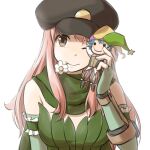  1girl baggy_pants bangs black_headwear breasts brown_eyes brown_pants brown_vest camouflage_scarf character_doll closed_mouth clown_(ragnarok_online) commentary_request doll elbow_gloves fingerless_gloves gloves green_gloves green_headwear green_scarf green_tube_top hat holding holding_doll jester_cap long_hair looking_at_viewer medium_breasts multicolored_clothes multicolored_headwear natsuya_(kuttuki) one_eye_closed pants pink_hair purple_headwear ragnarok_online ranger_(ragnarok_online) scarf shirt simple_background smile solo upper_body vest white_background white_shirt yellow_headwear 