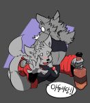  anthro blush bottle canid canine clothed clothing duo eyes_closed fur grey_body grey_fur hi_res holding_bottle holding_object just_app1e korean_text mammal open_mouth red_tongue simple_background text tongue 