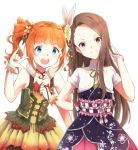  2girls :d bangs black_neckwear blue_eyes blunt_bangs brown_hair dress flower gloves green_dress hair_flower hair_ornament hair_ribbon hand_up idolmaster idolmaster_million_live! idolmaster_million_live!_theater_days kuro_n314 locked_arms long_hair looking_at_viewer minase_iori multiple_girls open_mouth orange_hair pink_eyes pose purple_dress ribbon ribbon_trim short_hair short_sleeves short_twintails sleeveless sleeveless_dress smile standing takatsuki_yayoi twintails white_gloves wristband 