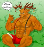  abs anthro antlers armpit_hair beastars big_muscles body_hair bottomwear brown_body brown_fur bulge cervid cervine christmas clothed clothing eyewear fur glasses hi_res holidays horn jabuhusky male mammal mature_male muscular muscular_male neck_tuft oguma_(beastars) ornaments pants partially_clothed pecs pubes smile solo suspenders tuft 