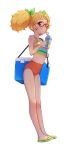  1girl absurdres aikatsu! aikatsu!_(series) bag bare_legs barefoot bikini blonde_hair blue_eyes bow carrying_bag carrying_over_shoulder crazy_straw cup disposable_cup drinking drinking_straw from_side full_body glasses green_bow hair_bow highres holding holding_cup multicolored_bikini_top navel orange_bikini_bottom red-framed_eyewear saegusa_kii shadow sideways_glance slippers solo sports_bikini swimsuit tankini twintails wantacchi water_drop 