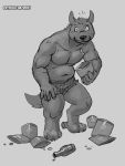  2019 bottle canid canine canis clothed clothing food hi_res looking_at_viewer male mammal monochrome patreon rinzy signature solo topless were werecanid werecanine werewolf wolf 