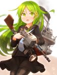  1girl absurdres black_legwear black_serafuku cowboy_shot crescent crescent_hair_ornament crescent_moon_pin green_eyes green_hair gun hair_ornament highres kantai_collection long_hair looking_at_viewer machinery nagatsuki_(kantai_collection) necktie pantyhose school_uniform searchlight serafuku solo standing suzushiro_(gripen39) weapon weapon_request white_background white_neckwear 