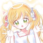  1girl bangs blonde_hair blush commentary_request copyright_request dress green_eyes hands_up long_hair looking_at_viewer open_mouth solo swept_bangs traditional_media twintails white_dress yalmyu 